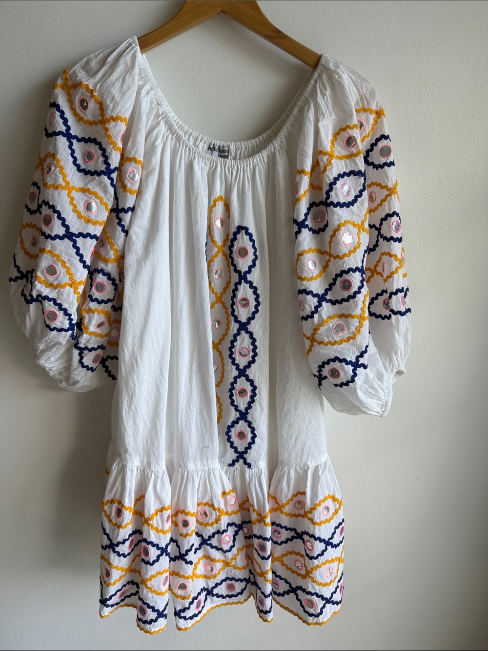 Juliet Dunn White Tunic with Navy, Yellow & Pink Embroidery
